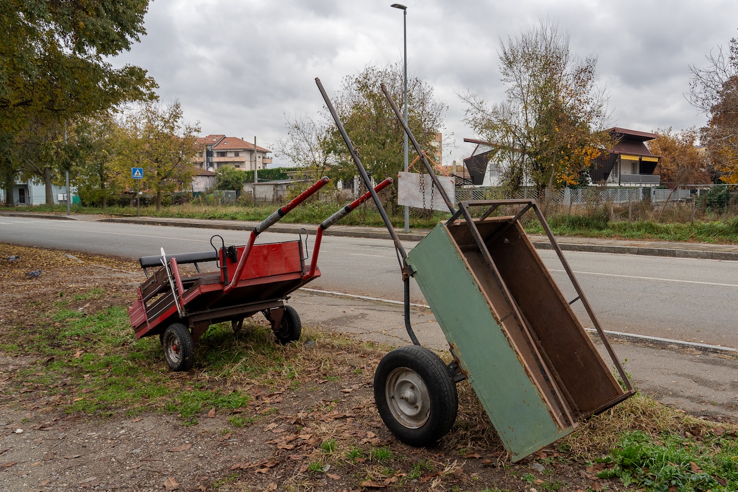 Two old wheelbarrows on grassy roadside.